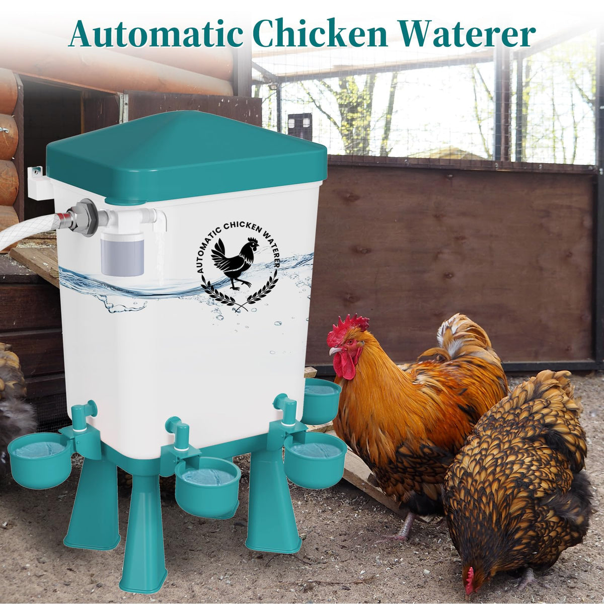 Erinaik waterer 5ft pipe routing enables flexible installation in a coop.
