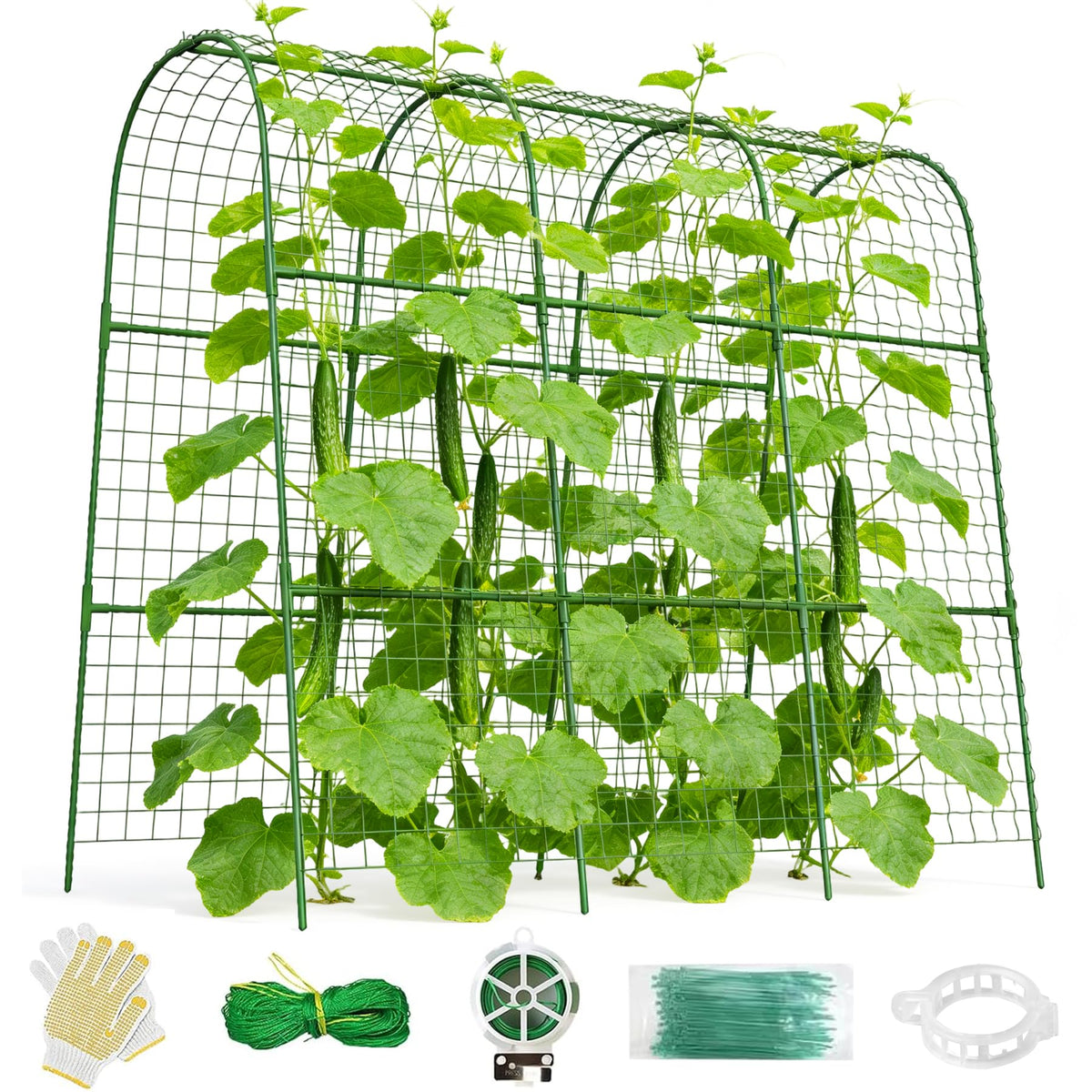 Erinaik cucumber trellis on raised bed supports vertical growth for cucumbers.