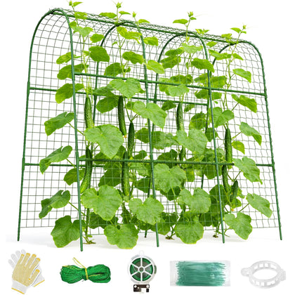 Erinaik cucumber trellis on raised bed supports vertical growth for cucumbers.
