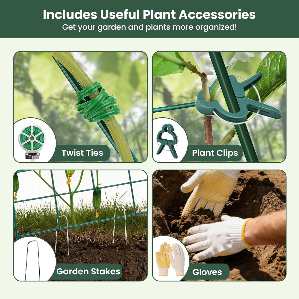 Erinaik raised-bed compatible trellis suitable for cucumbers and tomatoes.