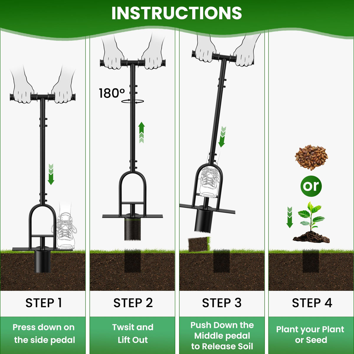 Erinaik multi-purpose tool for bulbs, seedlings, sod, and lawn repair.