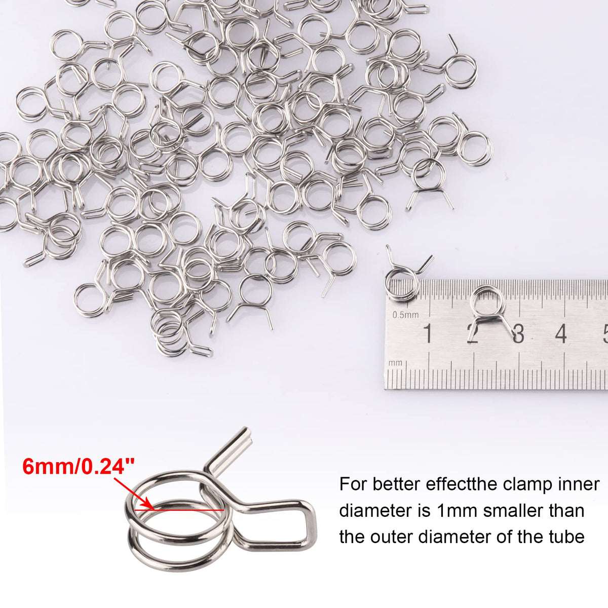 ERLSTE 100pcs hose clamps laid out for easy garden irrigation setup.