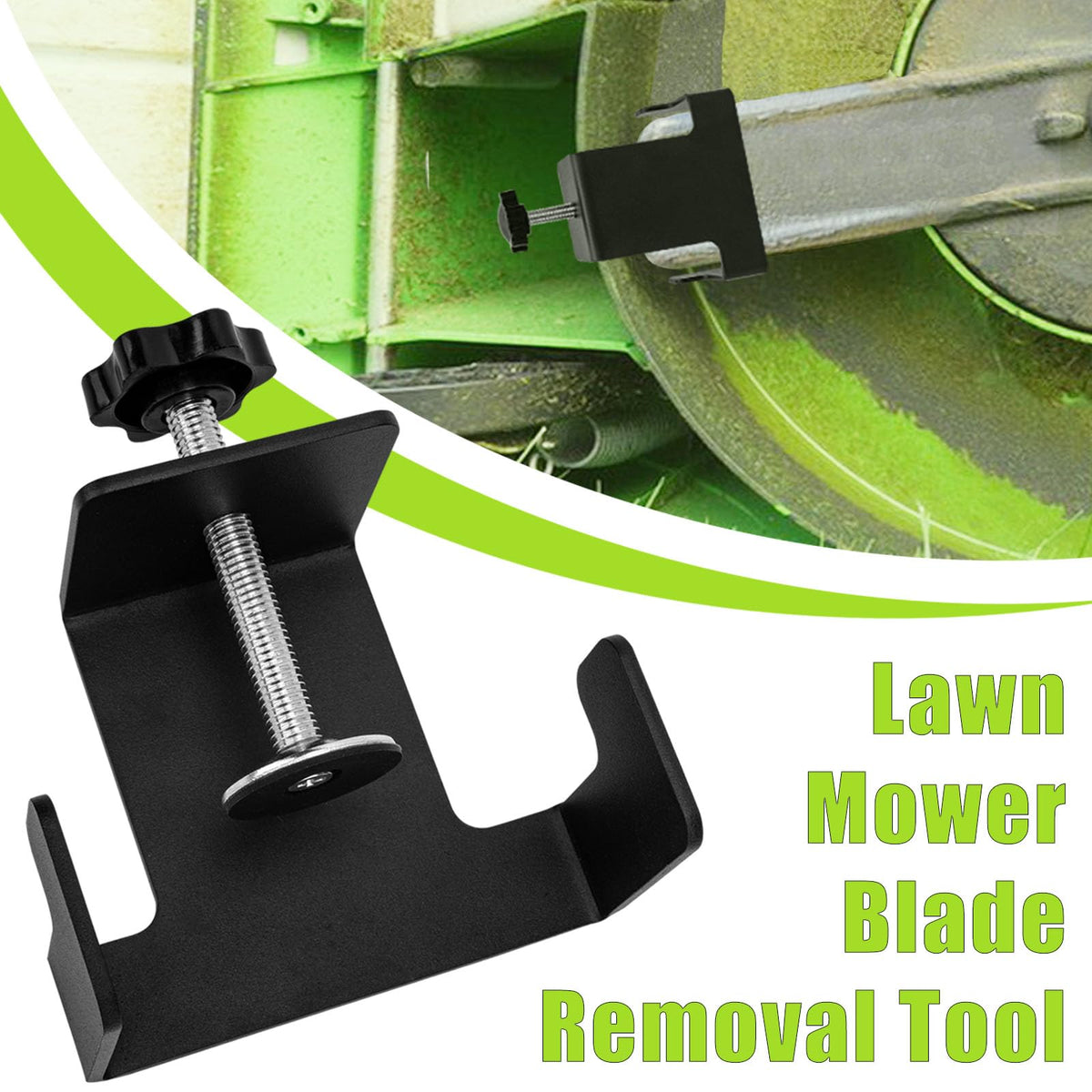 Ertuhg universal mower blade tool in use, easing blade removal on riding and walk-behind mowers.