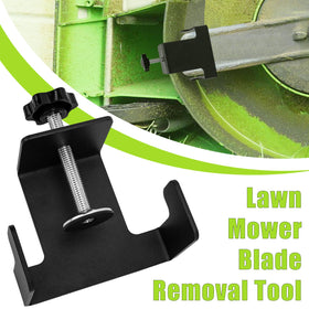 Ertuhg universal mower blade tool in use, easing blade removal on riding and walk-behind mowers.