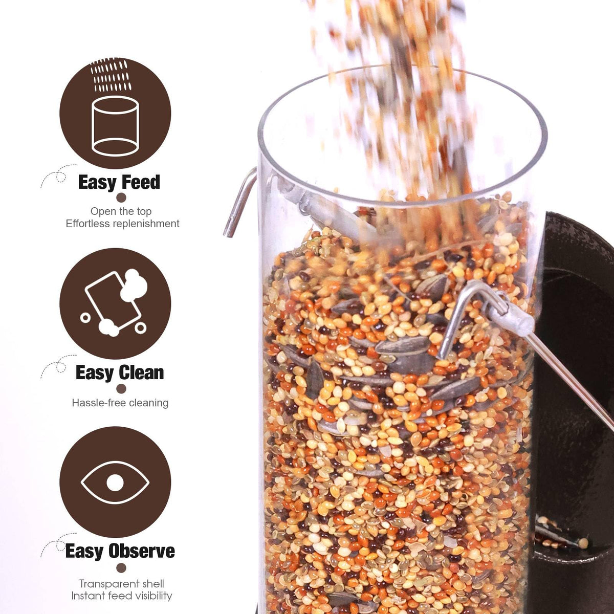 ERYTLLY 6-port tube feeder emphasizes efficient, simultaneous seed access for birds