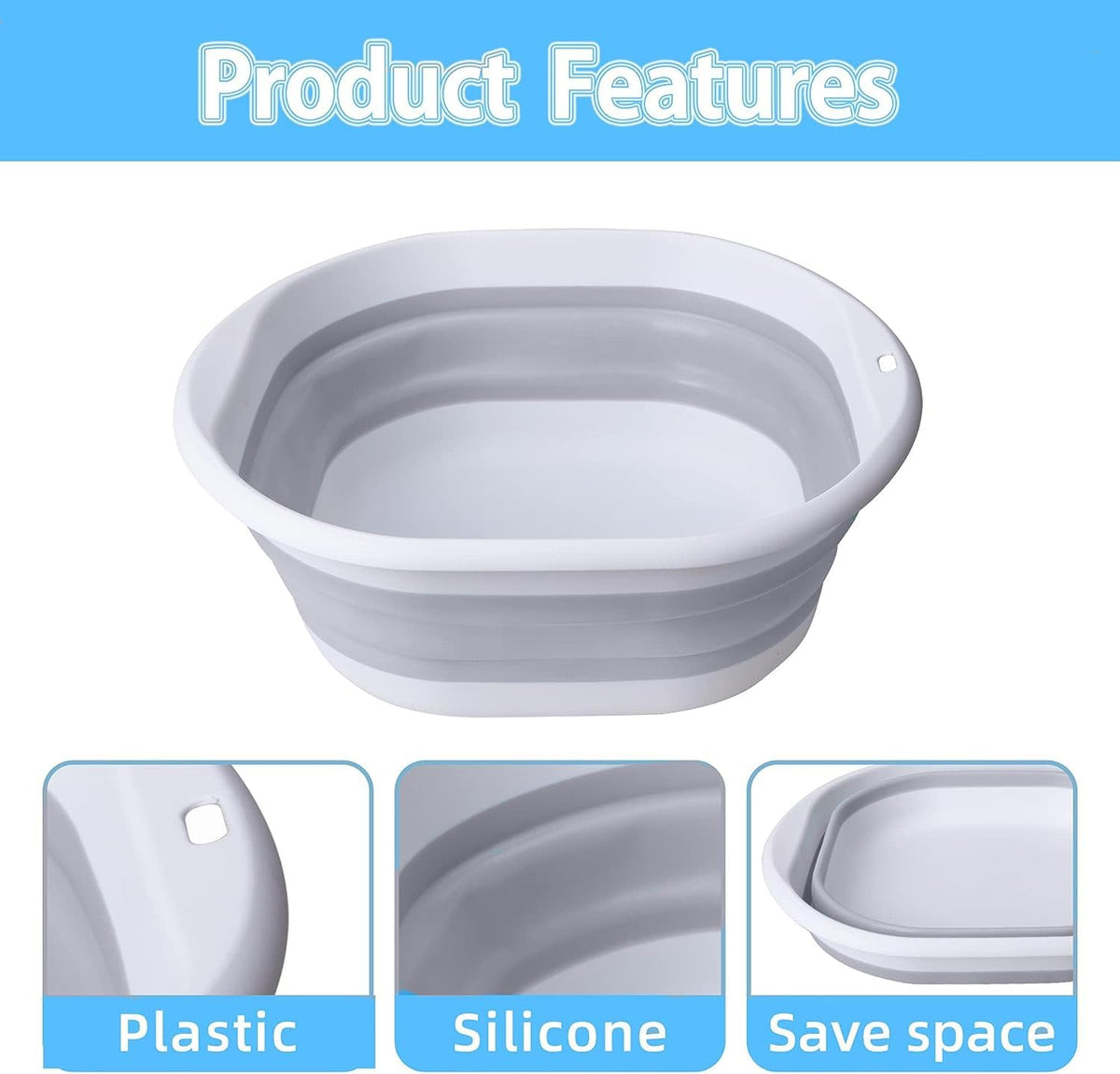Hands dipping feet into water inside the grey collapsible basin
