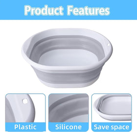 Hands dipping feet into water inside the grey collapsible basin