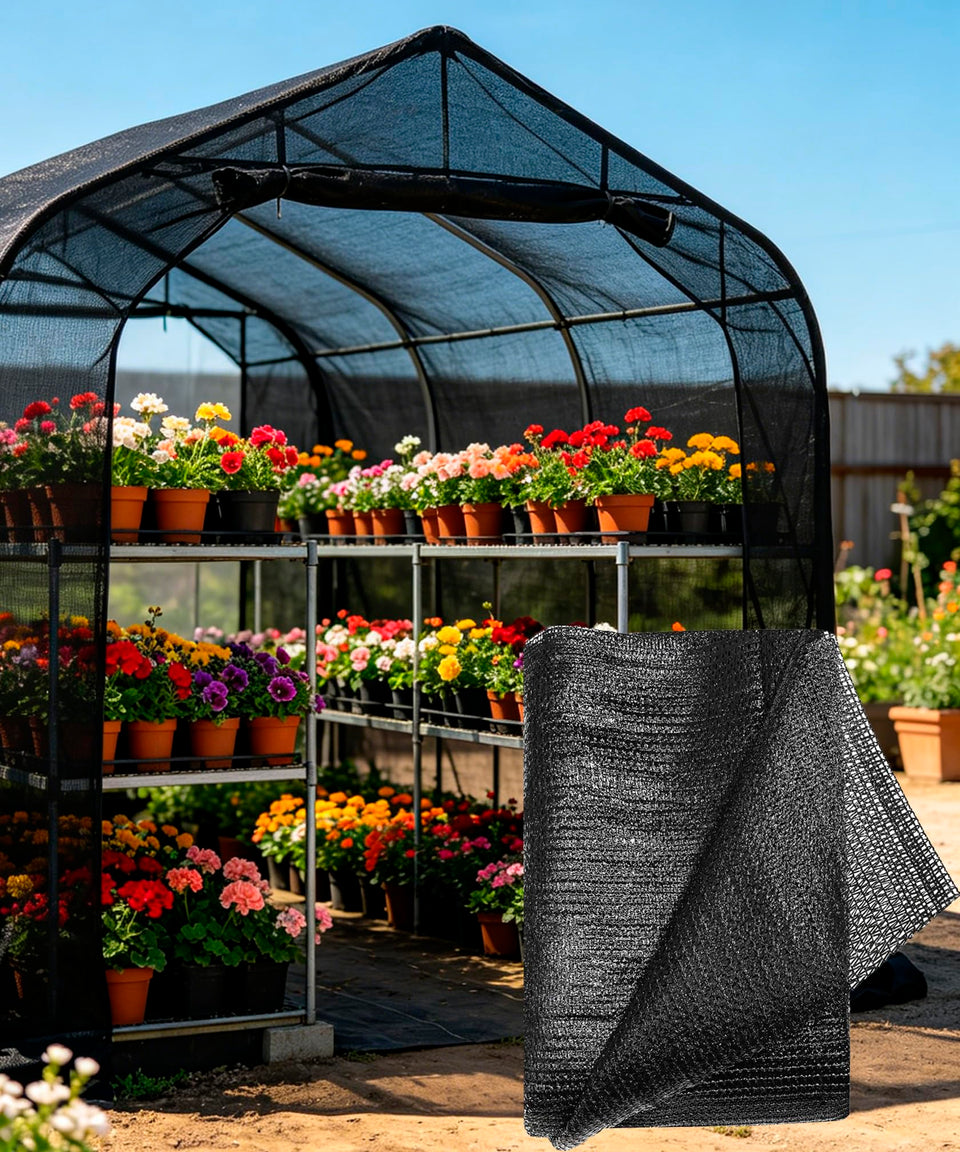 E.share sun shade cloth in garden shot provides gentle light for thriving plants.