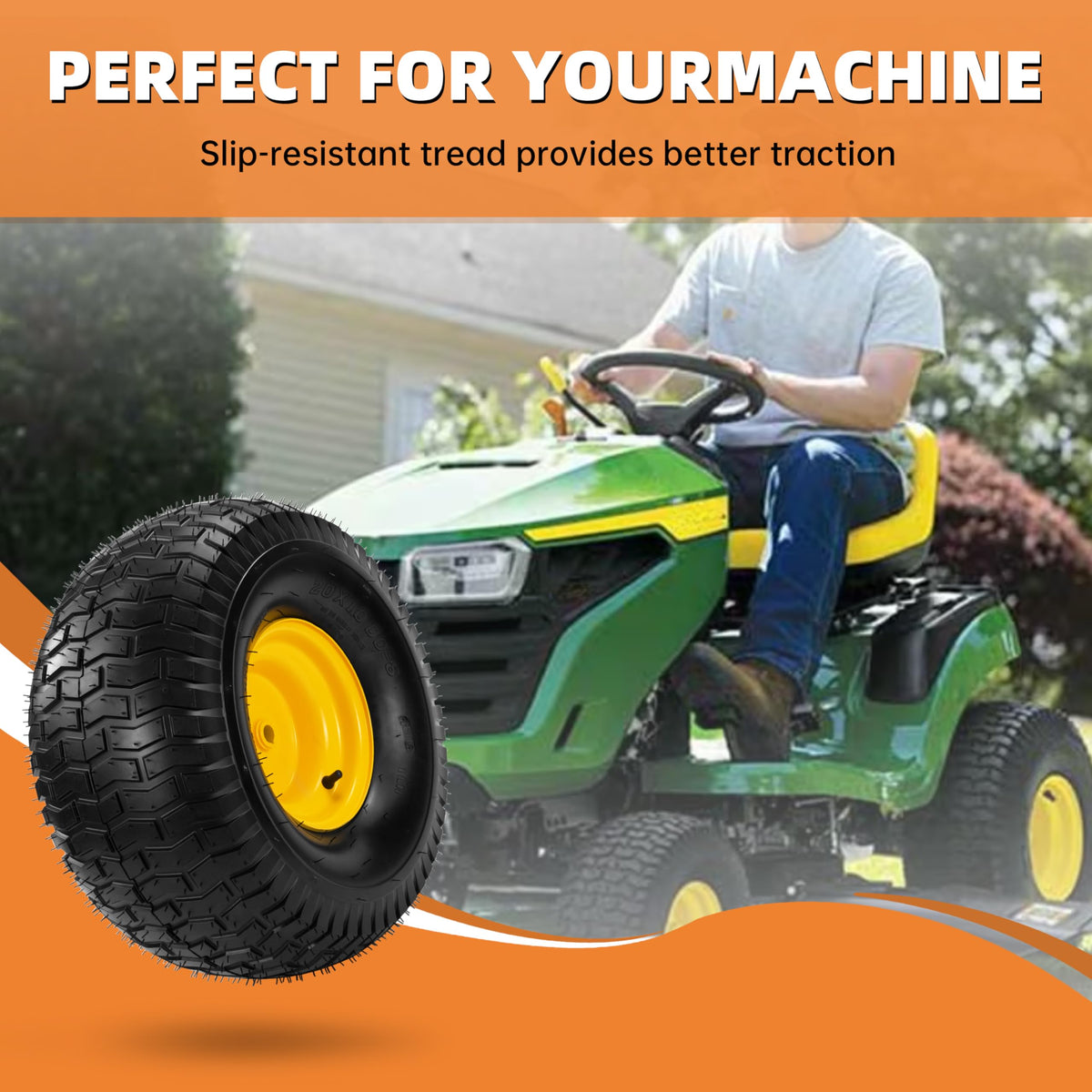 eshcol 20x10-8 tire in use on a mower shows stability and control.