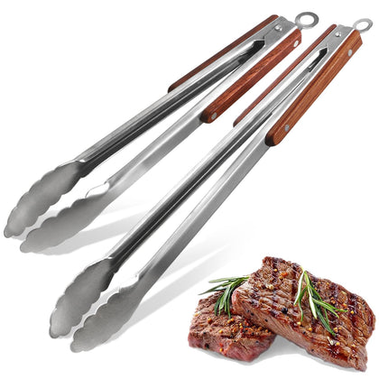 Esie Houzie 16-inch grill tongs with wooden handle for secure flipping at the grill.