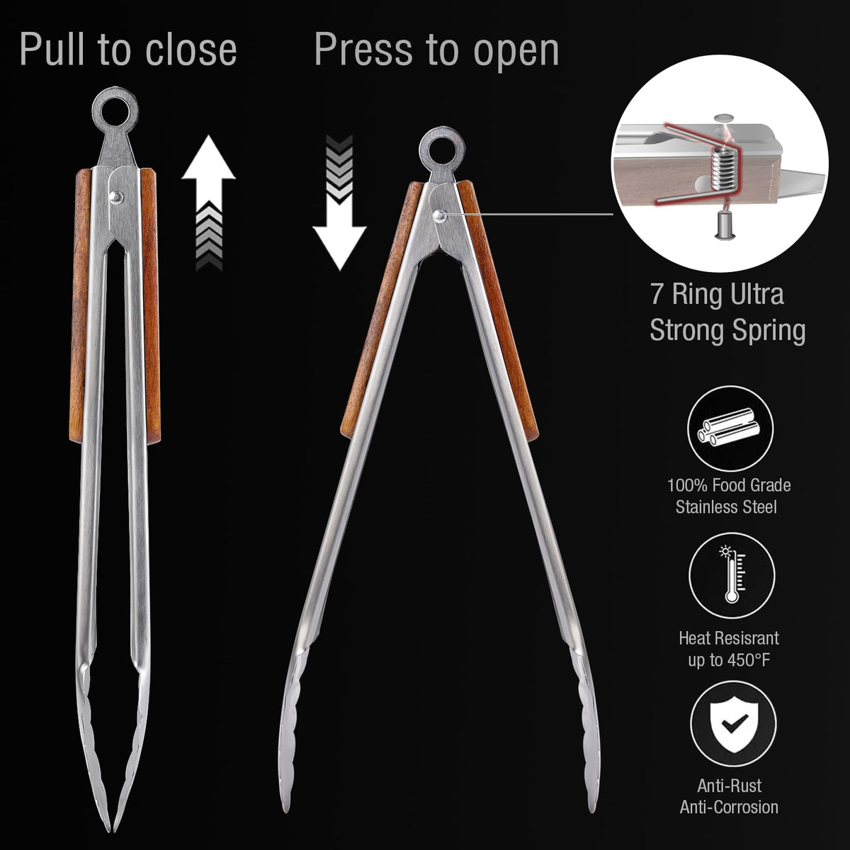 Esie Houzie one-piece stainless steel tongs resist rust and heat.