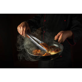 Esie Houzie wooden handle tongs stay cooler during grilling.