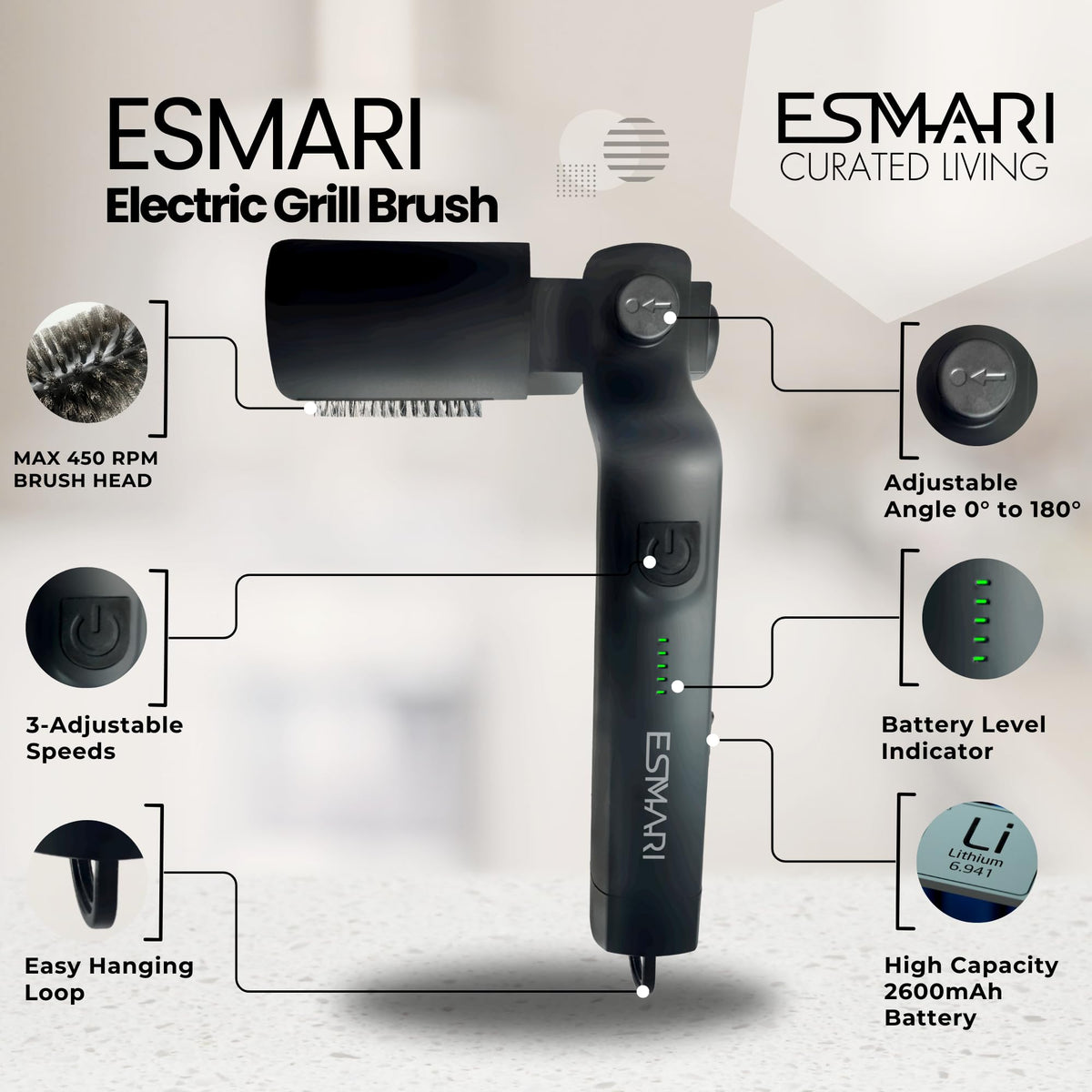 Esmari grill brush with 3-speed motor handles light to heavy cleaning.