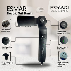 Esmari grill brush with 3-speed motor handles light to heavy cleaning.