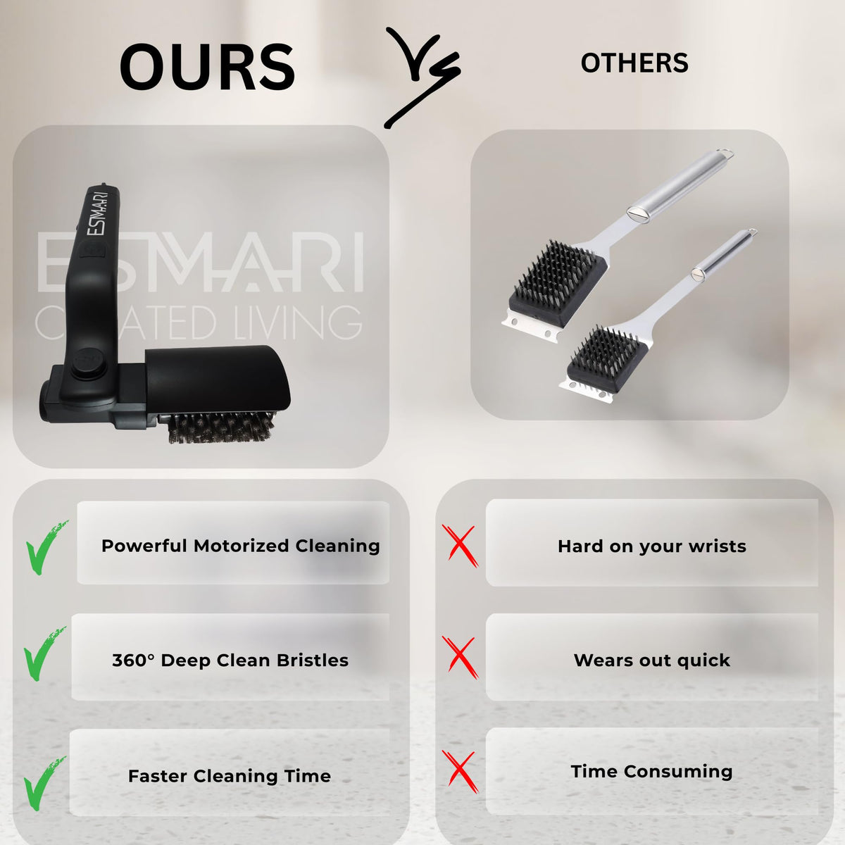 No loose bristles; Esmari bristles stay firmly anchored during scrubbing.