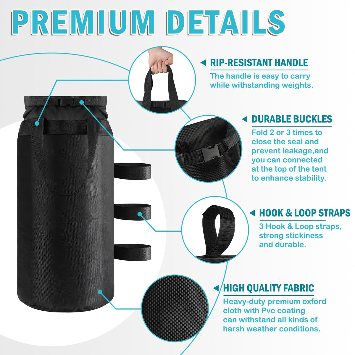 Three-strap securement on Esmorah sandbags for stable tent leg attachment