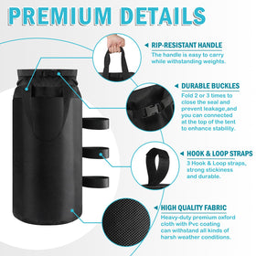 Three-strap securement on Esmorah sandbags for stable tent leg attachment