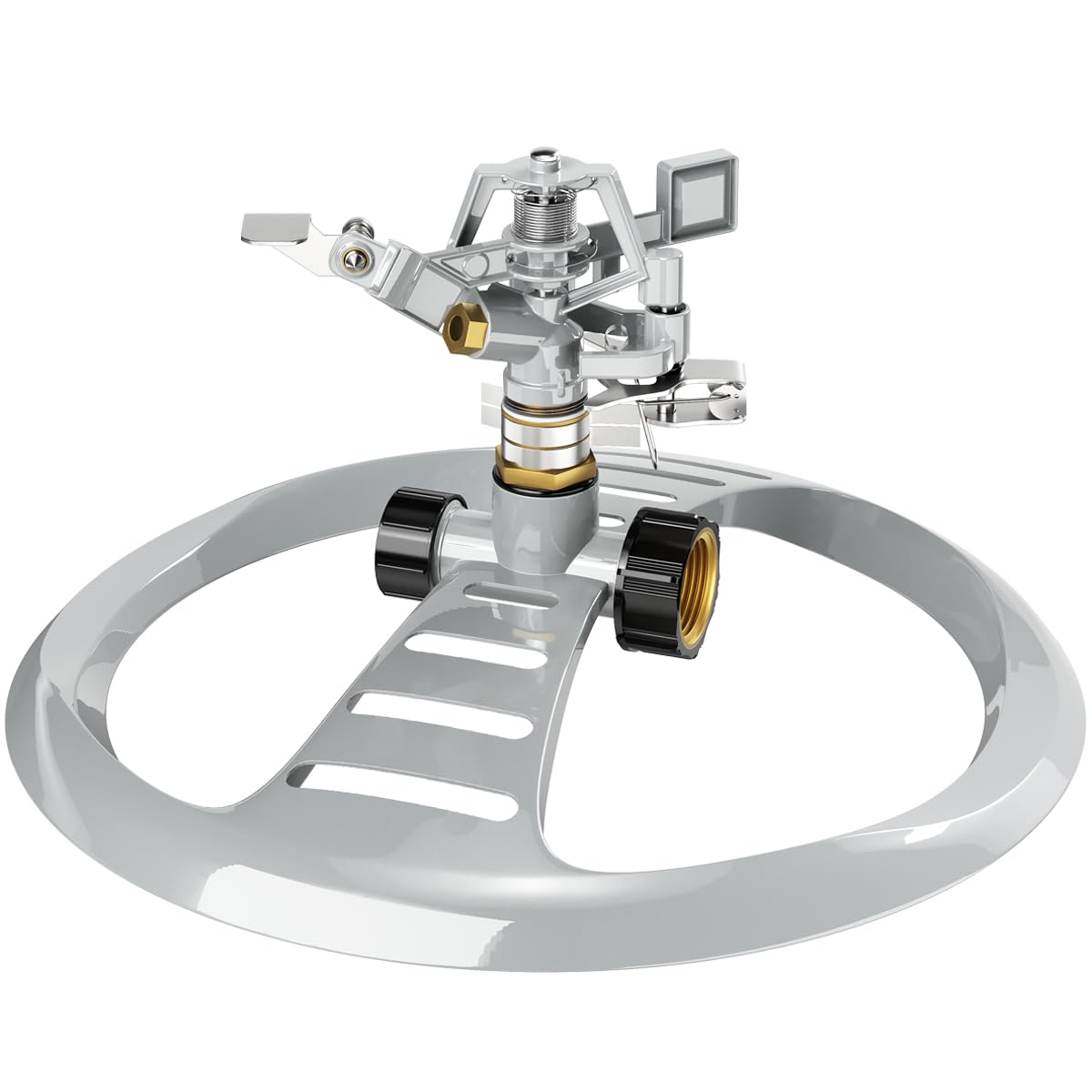 ESOW metal pulsating sprinkler with heavy duty base for stable lawn irrigation.