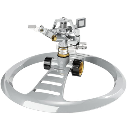 ESOW metal pulsating sprinkler with heavy duty base for stable lawn irrigation.