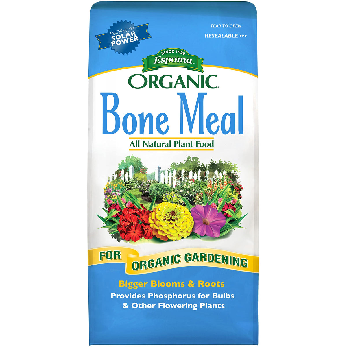 Espoma bone meal fertilizer 8 lb bag ready to feed bulbs and flowering plants.