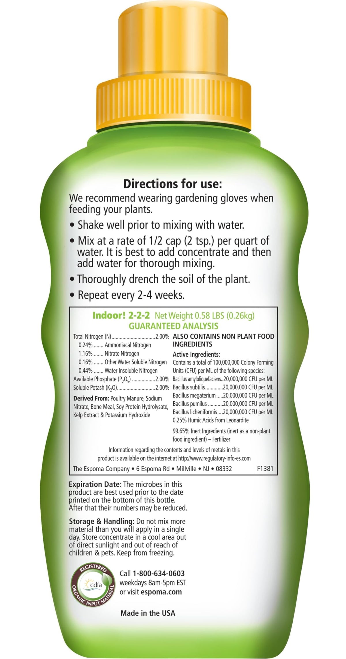 Espoma Indoor Liquid Plant Food label closeup highlights organic nutrients for healthy growth