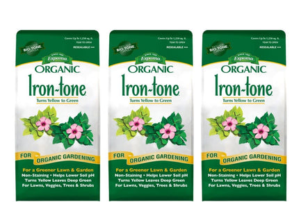 Espoma Iron-Tone bag front shows organic fertilizer for chlorosis relief in lawns and shrubs.