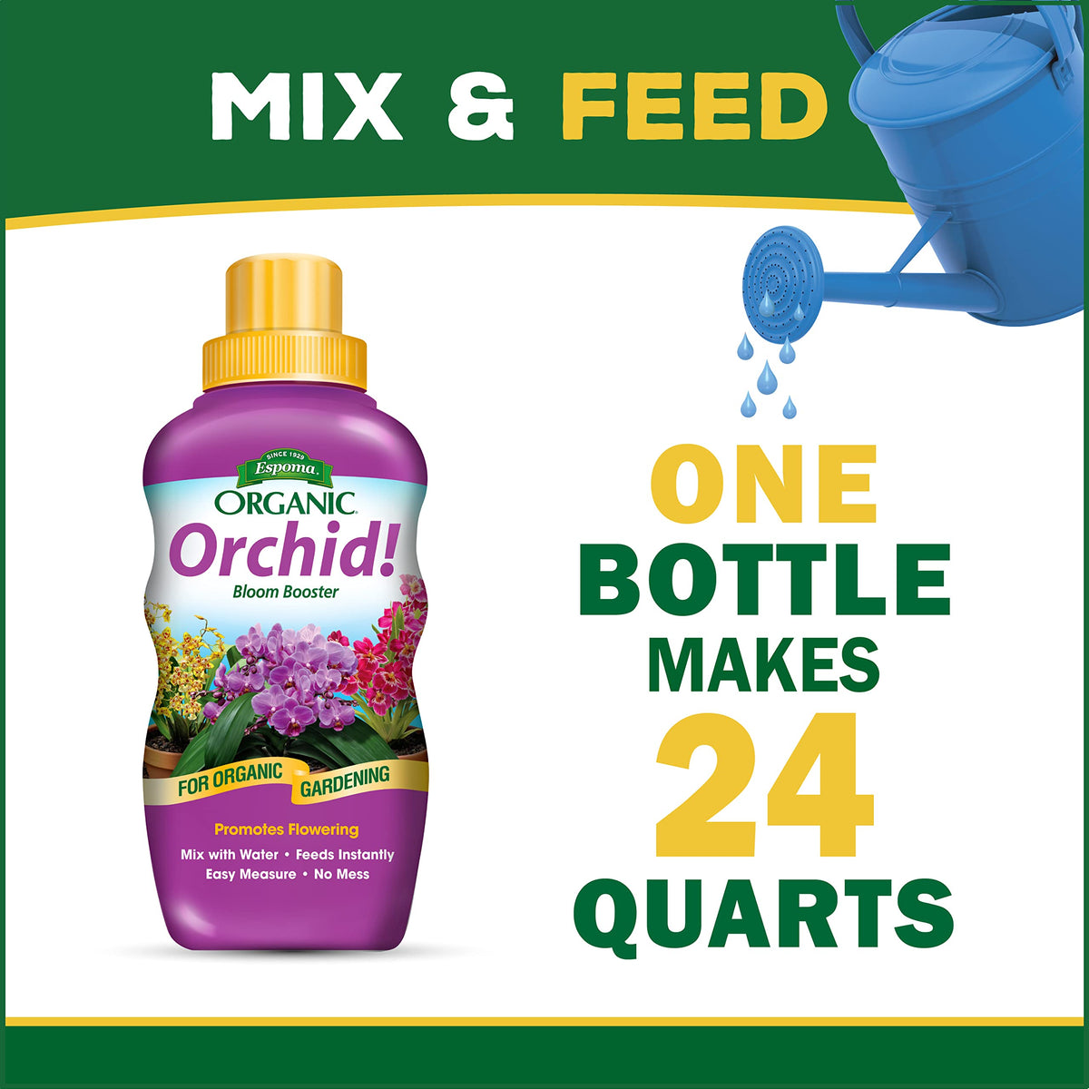 Espoma Orchid! plant in pot receiving fertilizer for healthy orchid growth.