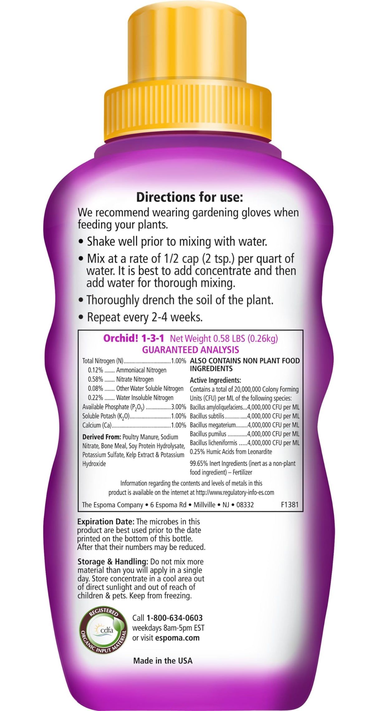 Espoma Orchid! fertilizer label close-up highlighting organic nutrients for orchids.