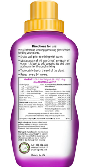 Espoma Orchid! fertilizer label close-up highlighting organic nutrients for orchids.