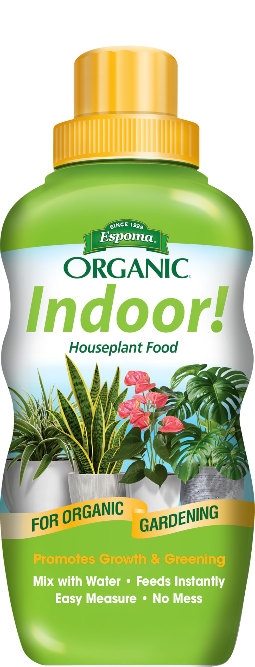 Espoma Organic indoor plant food bottle pour boosts vibrant growth in houseplants.