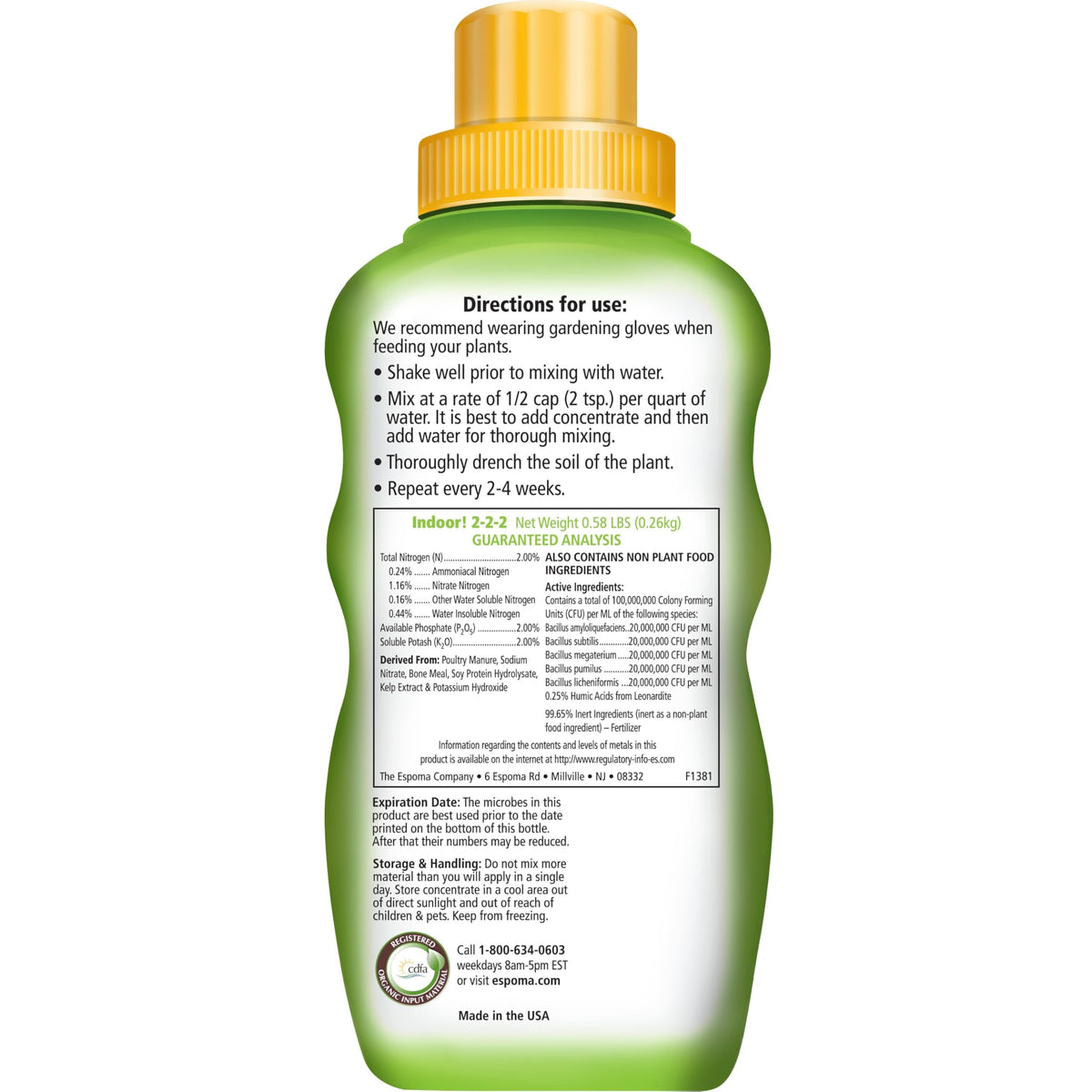 Espoma Indoor Plant Food liquid mix enables simple feeding when diluted with water.