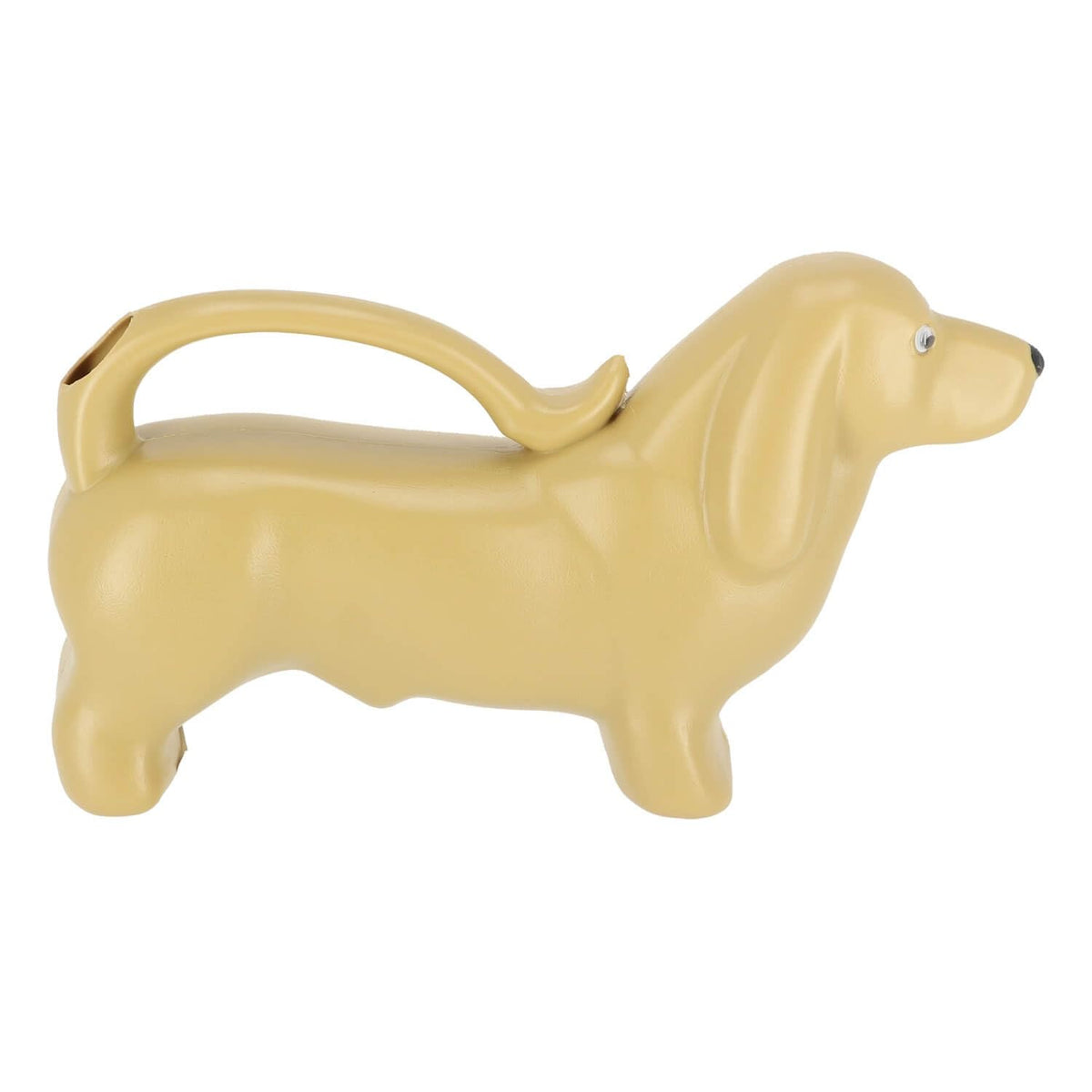 Side view of durable plastic dachshund watering can
