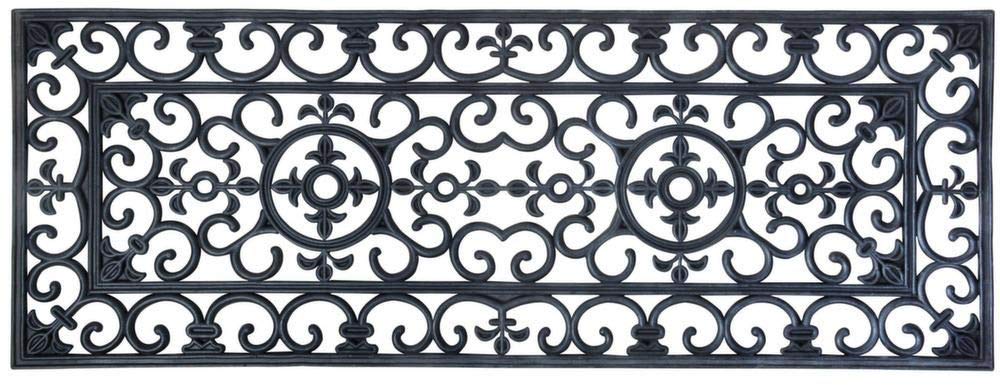 Esschert Design rubber long doormat, front view, keeps dirt outside with classic scroll pattern.