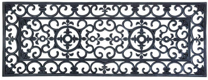 Esschert Design rubber long doormat, front view, keeps dirt outside with classic scroll pattern.