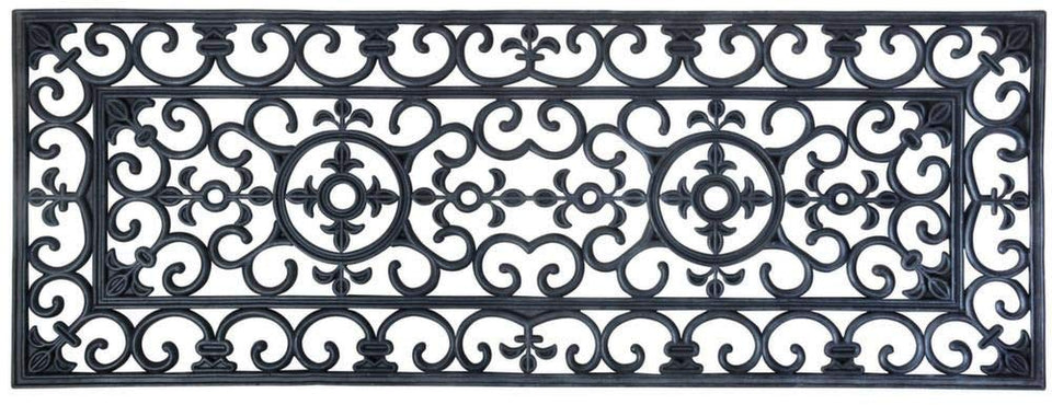 Esschert Design rubber long doormat, front view, keeps dirt outside with classic scroll pattern.