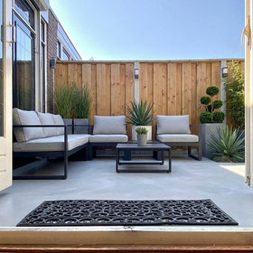 Esschert Design rubber long doormat, detailed scroll work, durable surface stands up to weather.