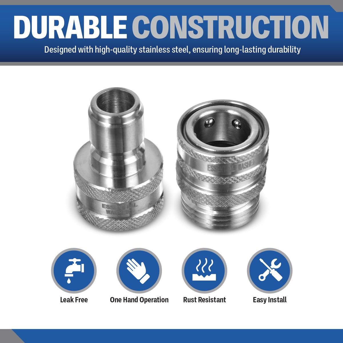 Essential Washer rust-resistant quick connect remains durable outdoors