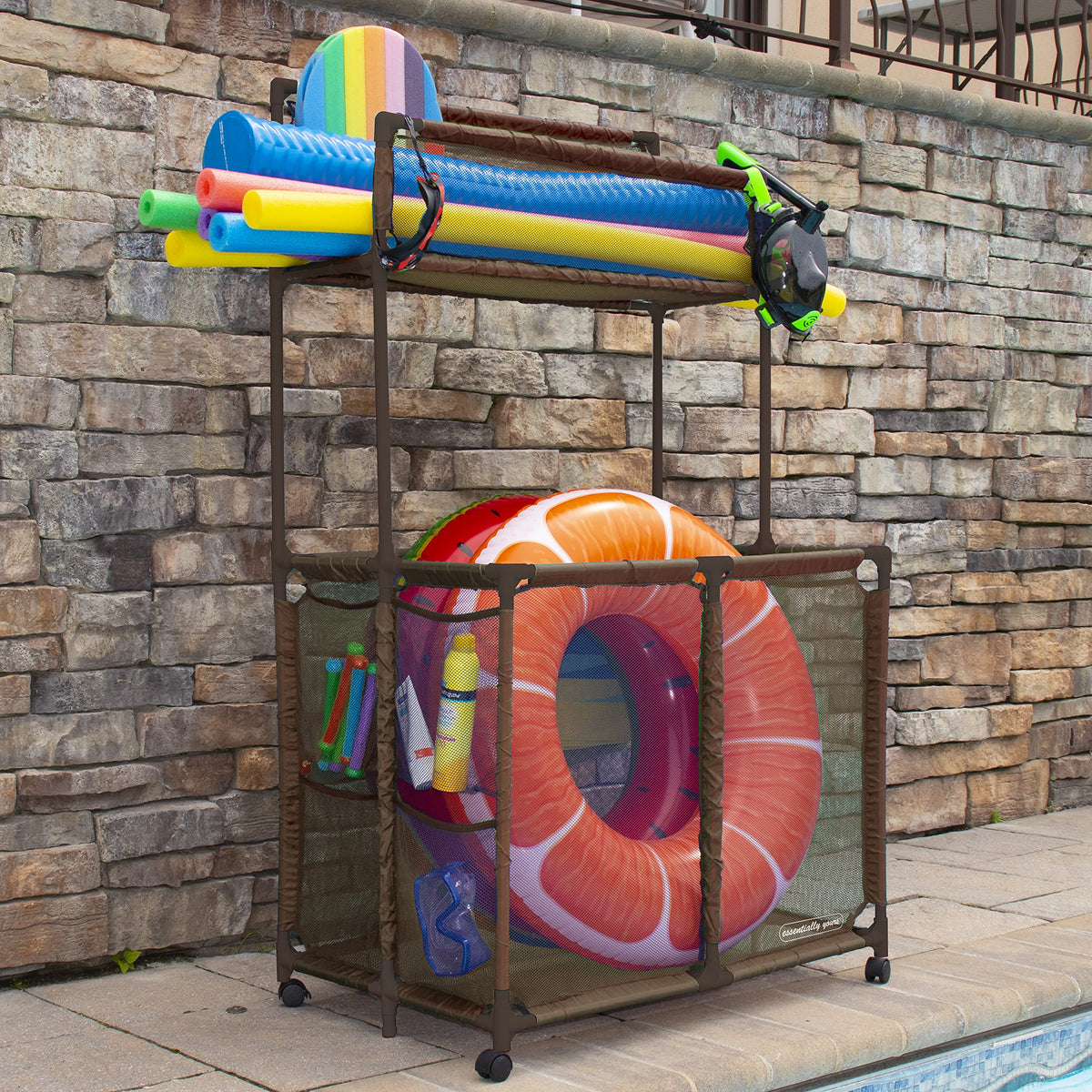 Essentially Yours brown pool storage bin blends with outdoor decor.