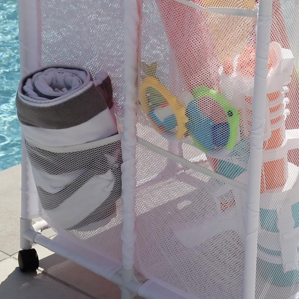 Essentially Yours assembled pool organizer shows overall dimensions and height.