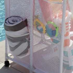 Essentially Yours assembled pool organizer shows overall dimensions and height.
