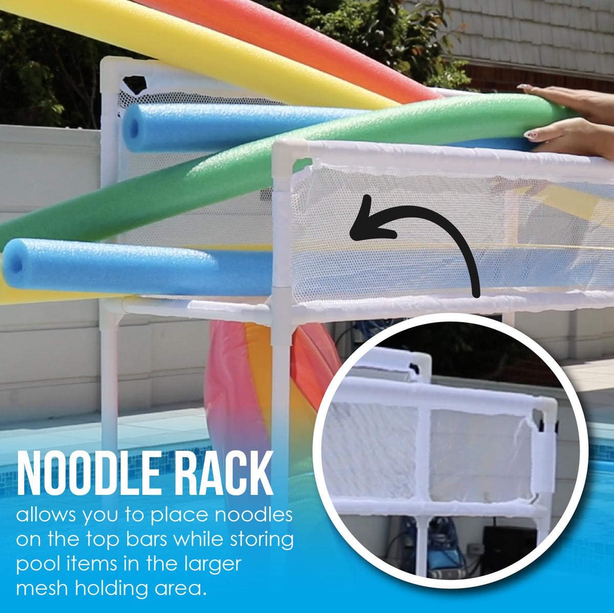 Essentially Yours pool storage holds floats and inflatables securely in the mesh compartment.