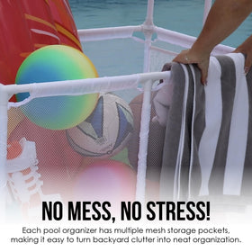Essentially Yours mesh holding area stores toys and floats for quick cleanup.