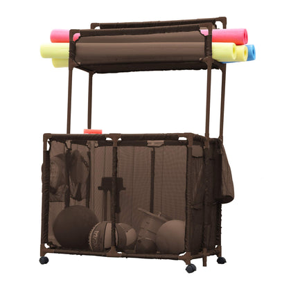 Essentially Yours pool storage bin with noodle rack and mesh area keeps items organized.