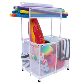 Essentially Yours pool storage with noodle rack keeps noodles neatly organized and accessible.