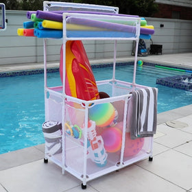 Essentially Yours pool storage keeps toys and goggles neatly stored in breathable mesh.