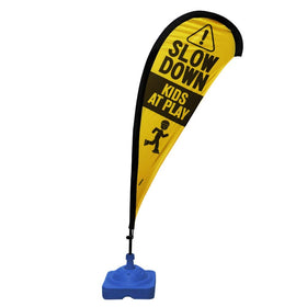 Essentially Yours teardrop banner yellow safety sign improves curb visibility for drivers
