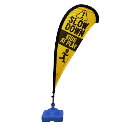 Essentially Yours teardrop banner yellow safety sign improves curb visibility for drivers