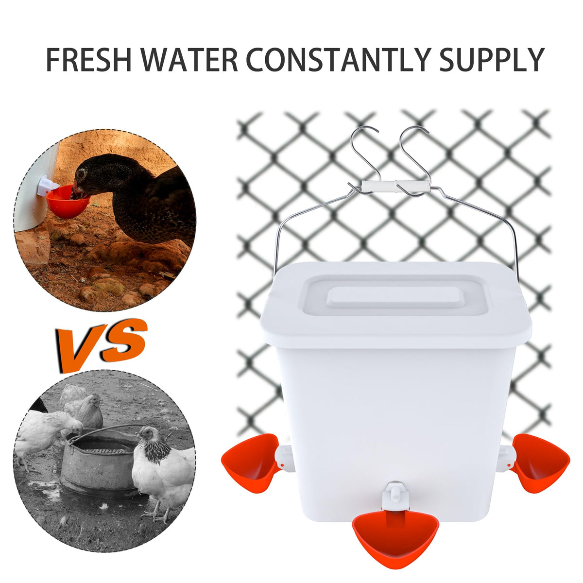 Essilnn anti-spill feeder ports minimize waste and keep coop tidier.