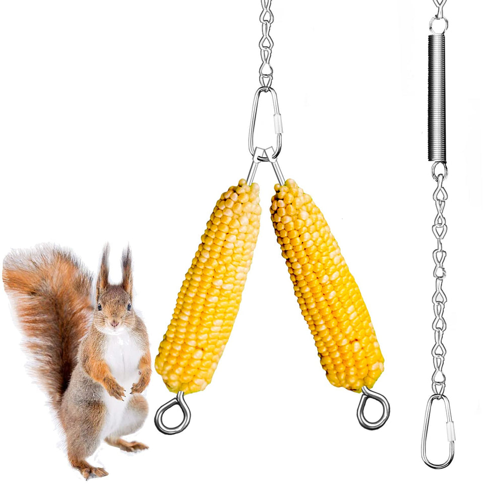 Essilnn hanging squirrel feeder with corn cobs attracting backyard wildlife
