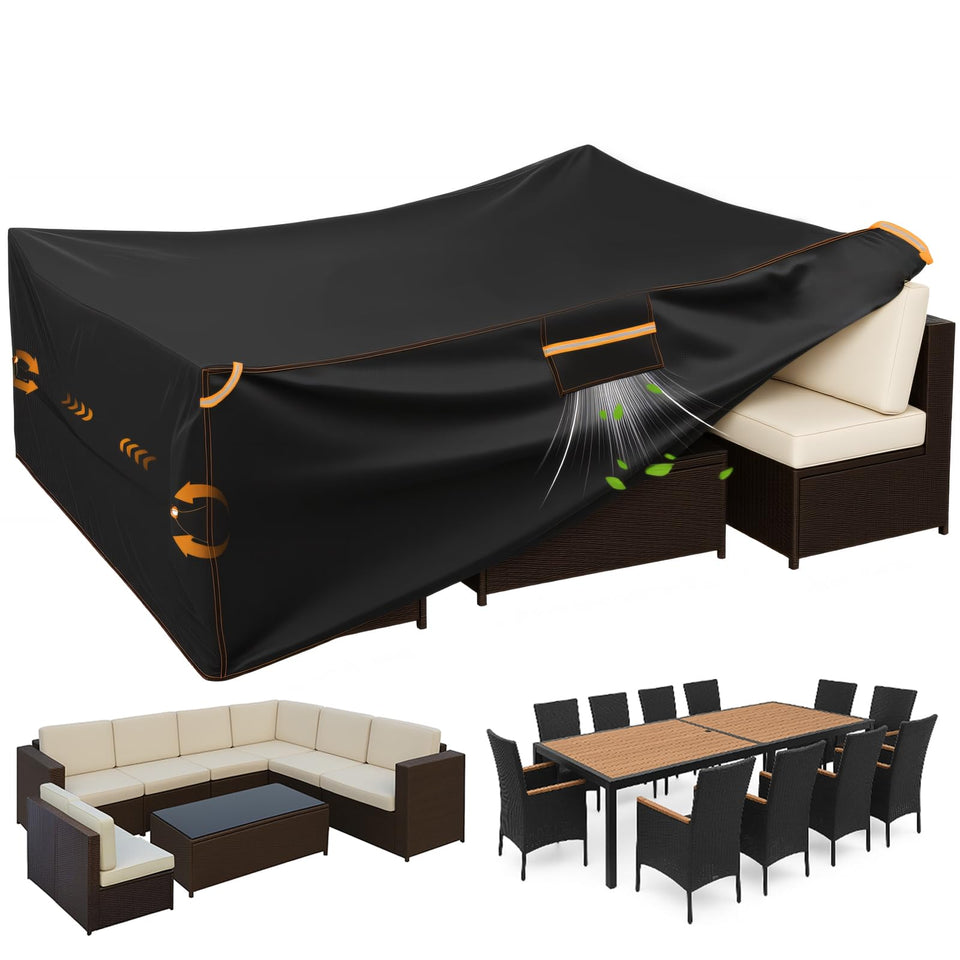 ESSORT extra large outdoor cover on patio table showing full coverage and weather protection